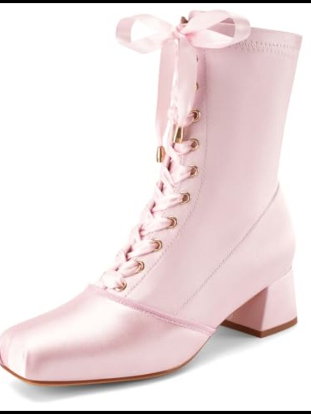 Satin Ankle Boots Square Toe Chunky Heel Lace-Up Booties